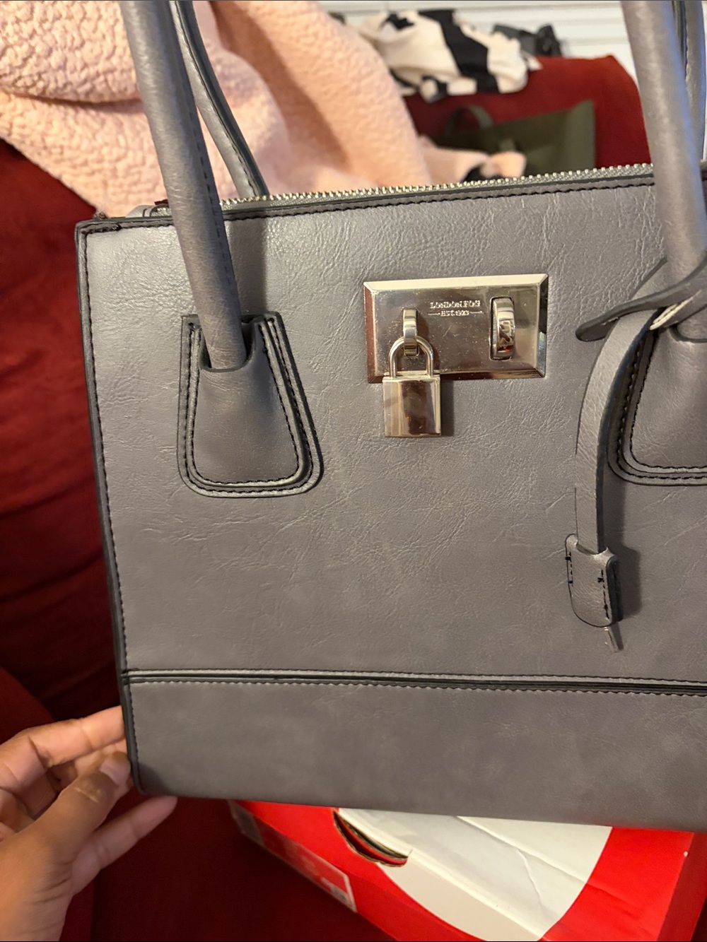 London Fog Gray Structured Satchel with Padlock Accent